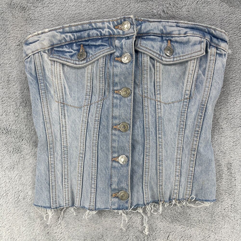 Zara Bustier Top Women's XS Blue Denim Cotton Stretch Smocked Back Strapless - Picture 1 of 13